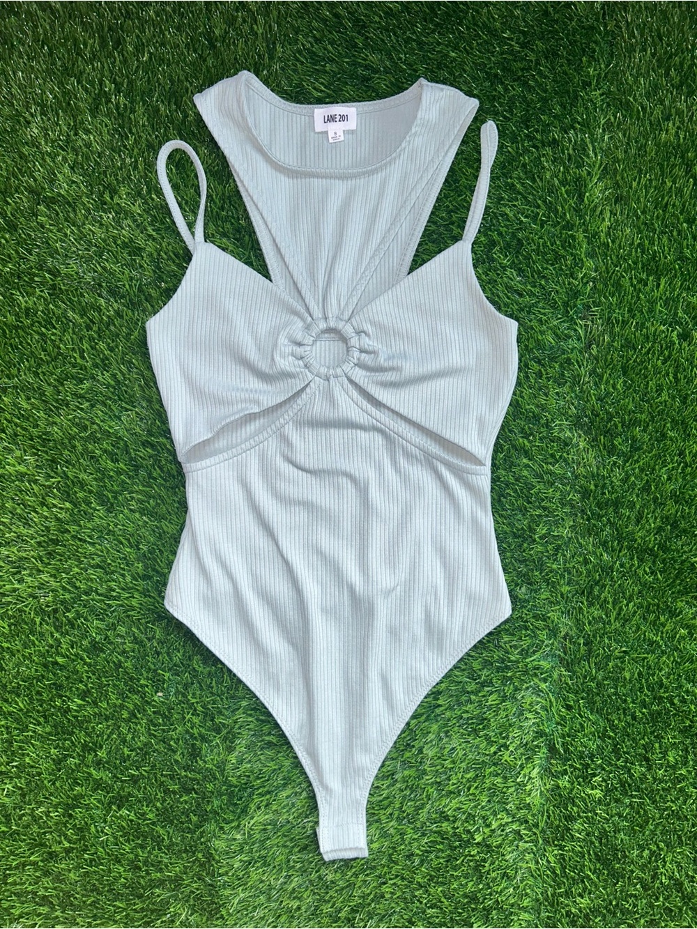 Lane 201 Ribbed Ring-Front Bodysuit with Slim Straps